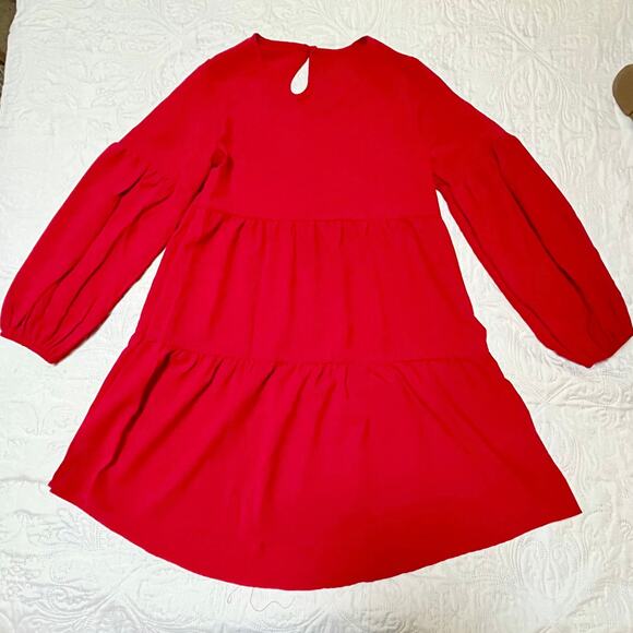 Tiered Long Sleeve Solid Red Dress - Picture 2 of 7